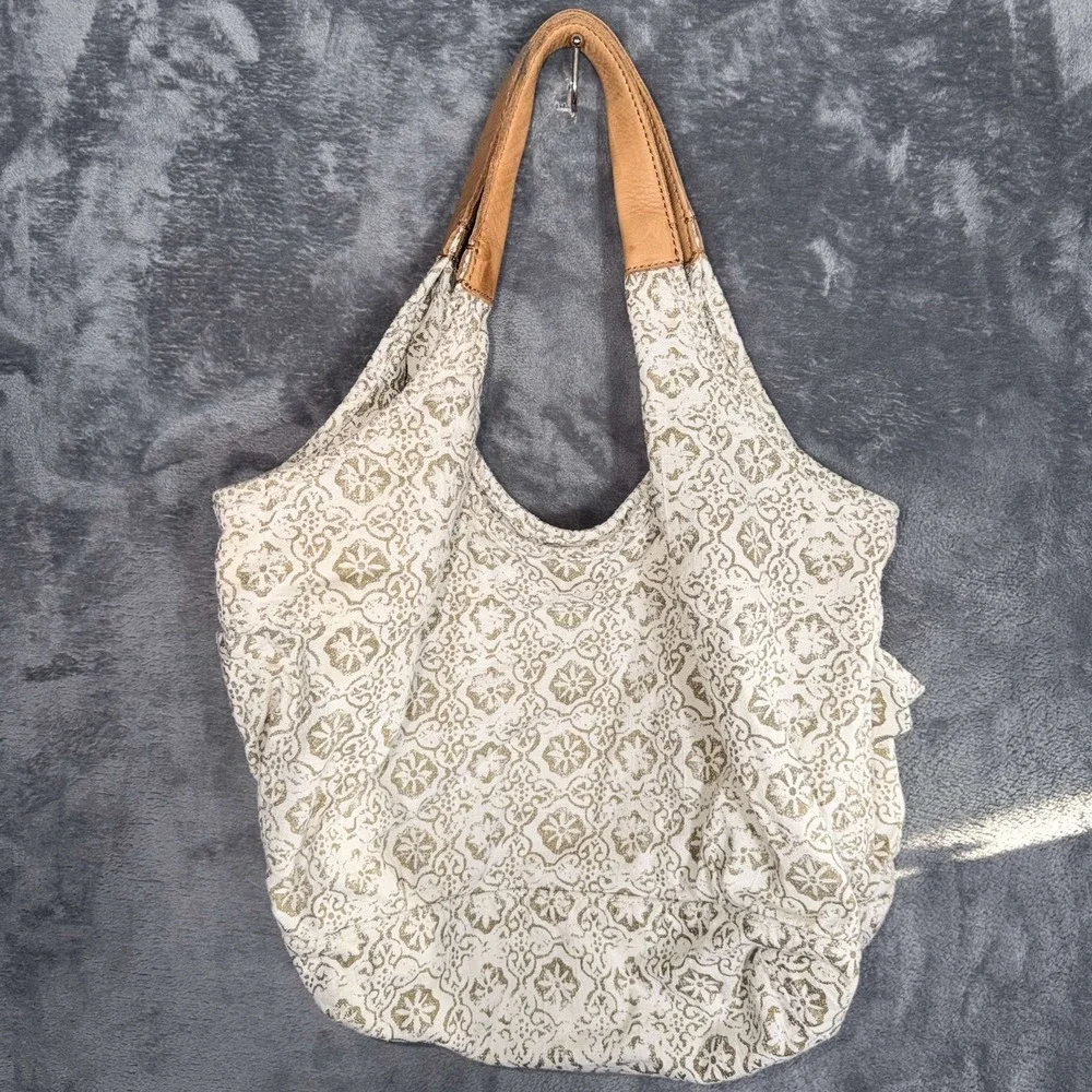 Womens Hobo Bag Cream Gold Medallion Print Genuine Leather Strap Cotton Shoulder